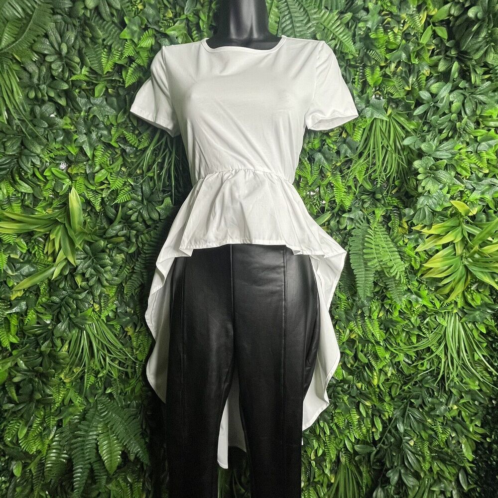 SAN JOY Tops Women Small White Peplum Crop Top High Low Hem‎ Blouse  0222